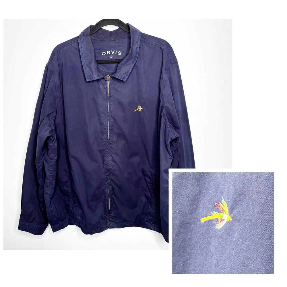 ORVIS Fly Fishing Embroidered Logo Jacket Mens XXL Full Zip Navy Cotton Coat